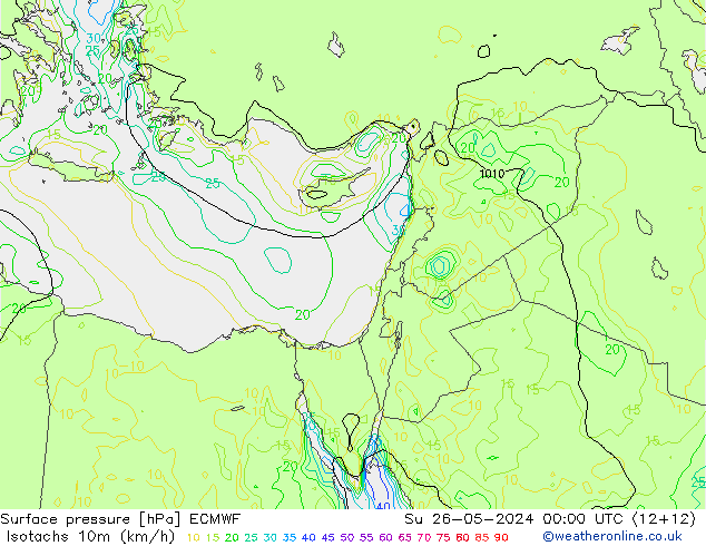 Isotachen (km/h) ECMWF zo 26.05.2024 00 UTC