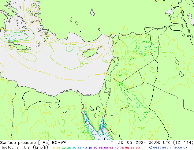 Isotachen (km/h) ECMWF do 30.05.2024 06 UTC