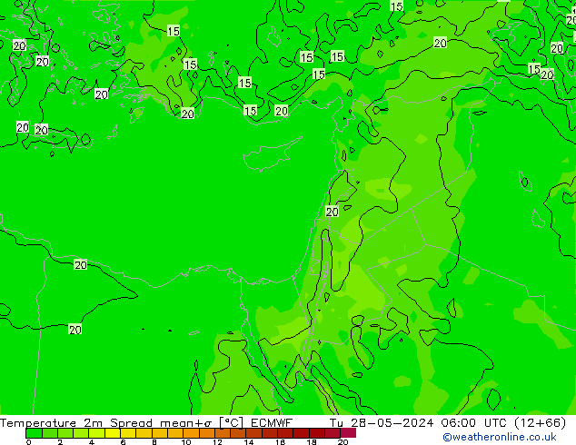 Temperature 2m Spread ECMWF Tu 28.05.2024 06 UTC