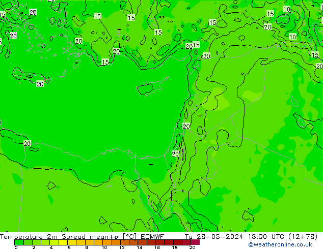 Temperatuurkaart Spread ECMWF di 28.05.2024 18 UTC