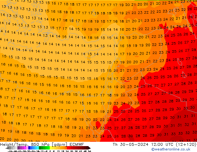 Height/Temp. 850 hPa ECMWF czw. 30.05.2024 12 UTC