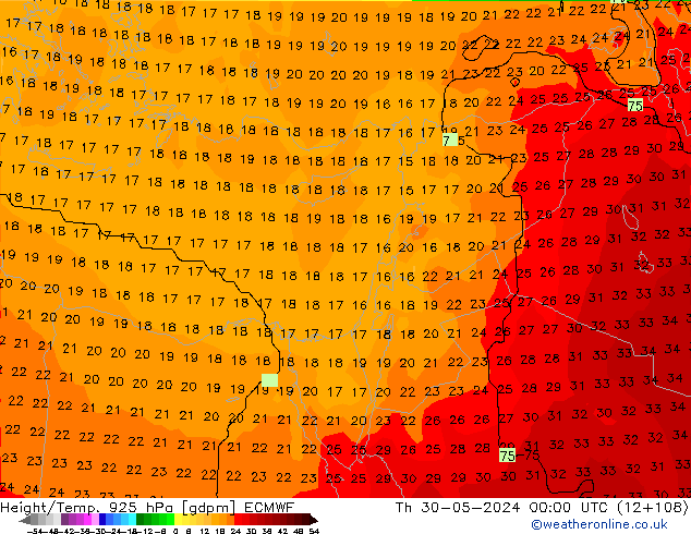 Height/Temp. 925 hPa ECMWF Th 30.05.2024 00 UTC