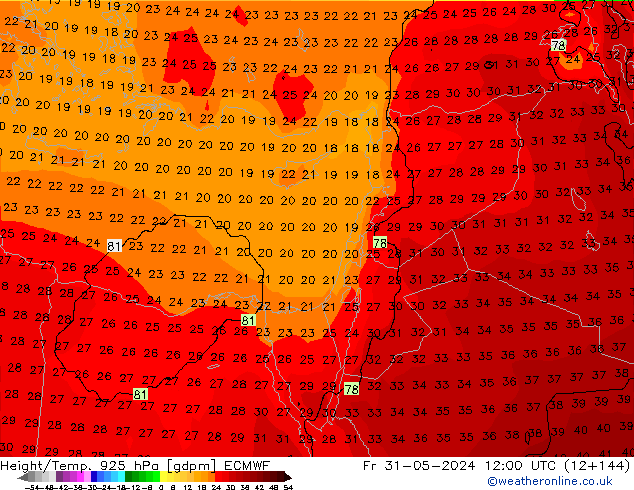 Height/Temp. 925 hPa ECMWF Fr 31.05.2024 12 UTC