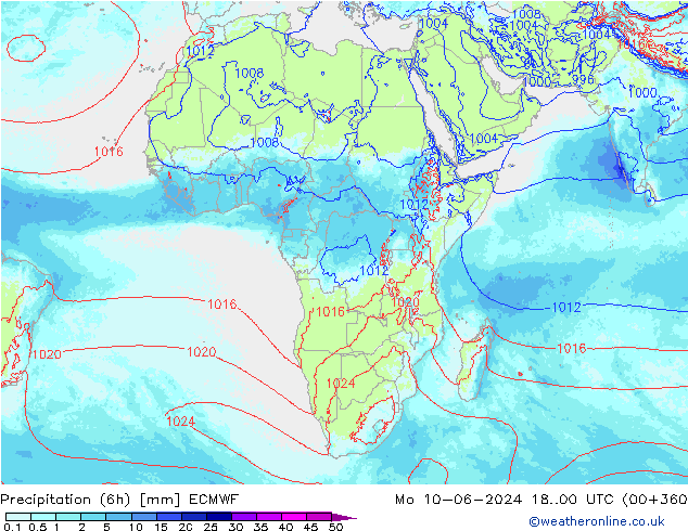 Precipitation (6h) ECMWF Po 10.06.2024 00 UTC