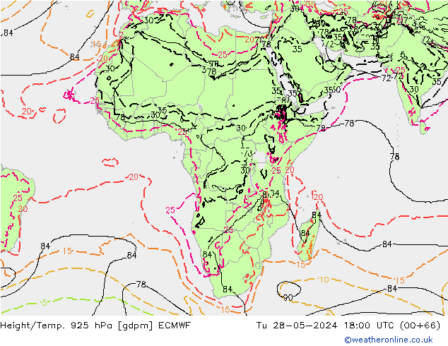 Yükseklik/Sıc. 925 hPa ECMWF Sa 28.05.2024 18 UTC