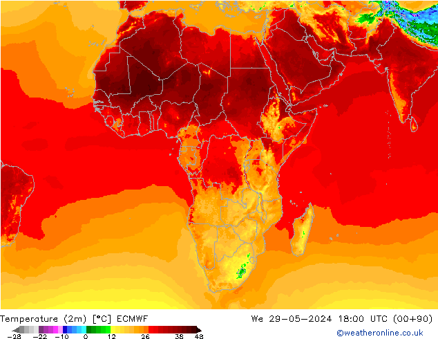 Temperatura (2m) ECMWF mié 29.05.2024 18 UTC