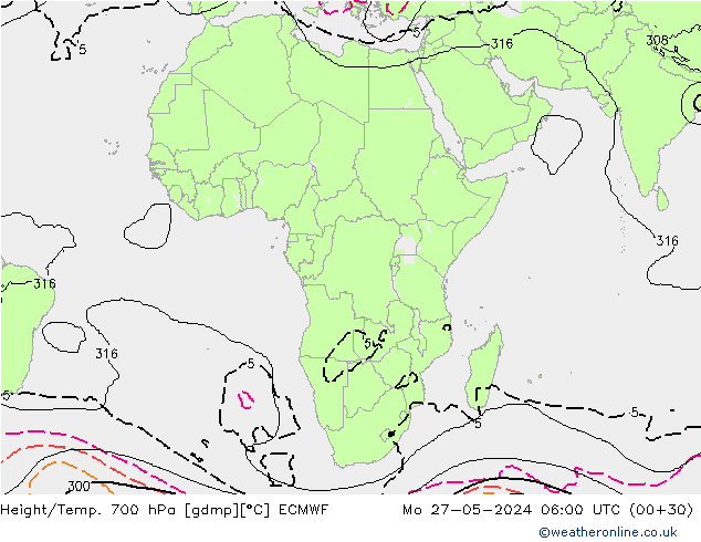 Height/Temp. 700 hPa ECMWF Mo 27.05.2024 06 UTC