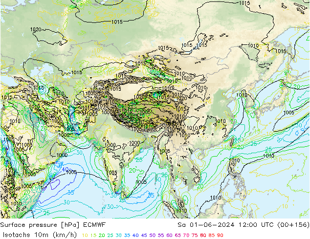 Isotachs (kph) ECMWF sam 01.06.2024 12 UTC