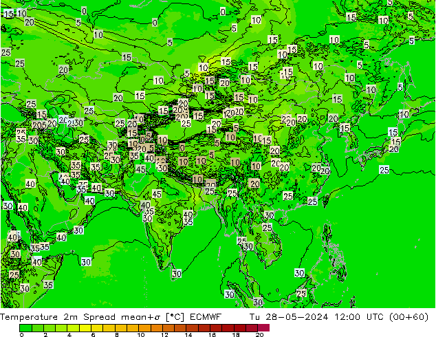 карта температуры Spread ECMWF вт 28.05.2024 12 UTC