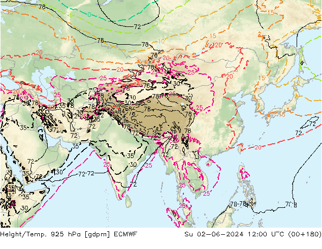 Height/Temp. 925 hPa ECMWF dom 02.06.2024 12 UTC