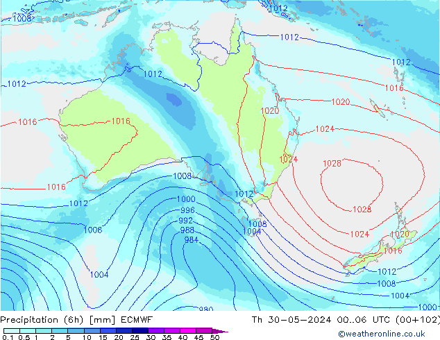 Precipitation (6h) ECMWF Th 30.05.2024 06 UTC