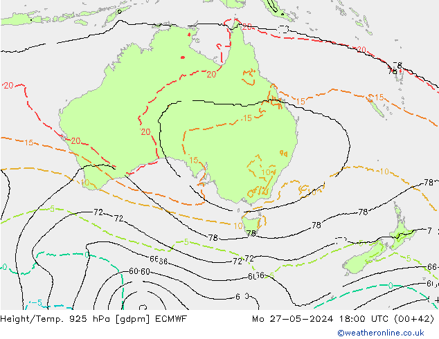 Yükseklik/Sıc. 925 hPa ECMWF Pzt 27.05.2024 18 UTC