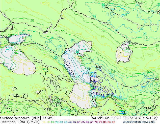 Isotachs (kph) ECMWF Dom 26.05.2024 12 UTC