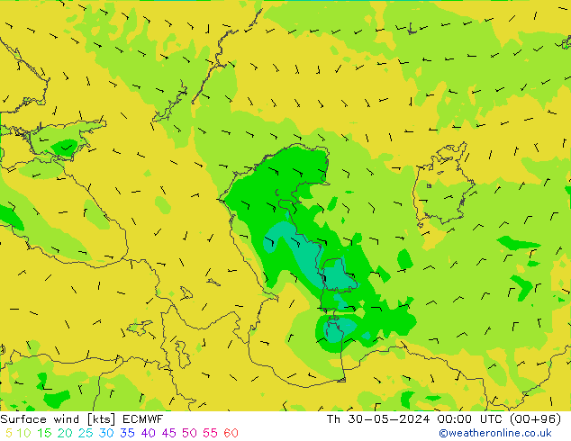 Surface wind ECMWF Čt 30.05.2024 00 UTC