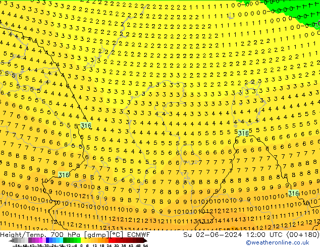 Height/Temp. 700 hPa ECMWF Su 02.06.2024 12 UTC