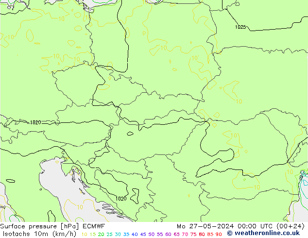 Isotachs (kph) ECMWF Po 27.05.2024 00 UTC