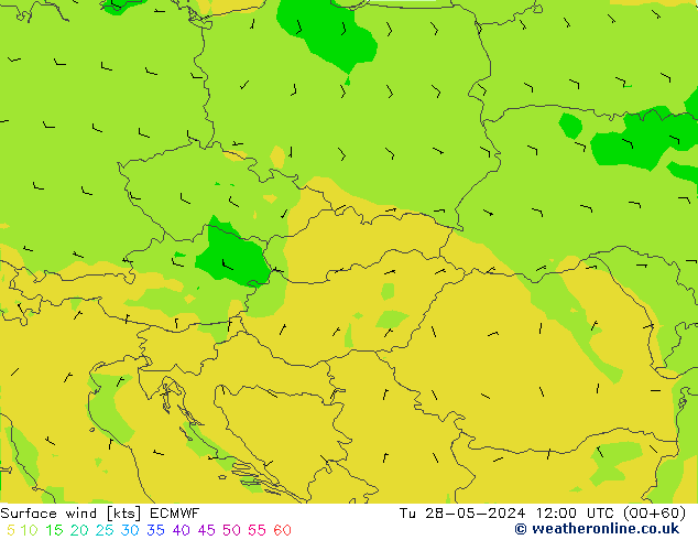 wiatr 10 m ECMWF wto. 28.05.2024 12 UTC