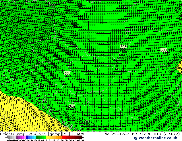 Height/Temp. 700 hPa ECMWF mer 29.05.2024 00 UTC