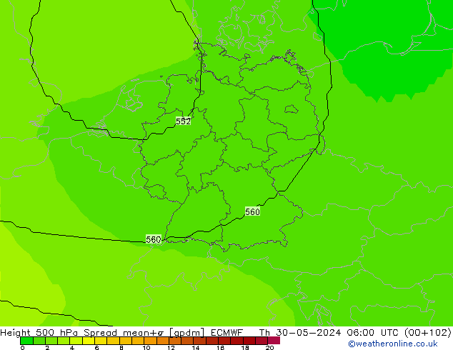 Height 500 hPa Spread ECMWF Čt 30.05.2024 06 UTC