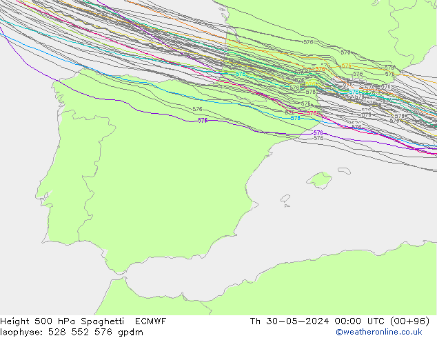Height 500 hPa Spaghetti ECMWF Qui 30.05.2024 00 UTC