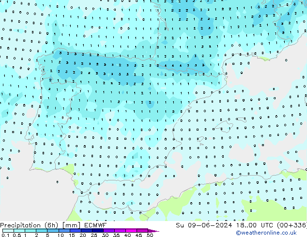 Totale neerslag (6h) ECMWF zo 09.06.2024 00 UTC