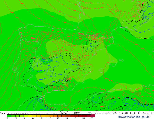 Surface pressure Spread ECMWF We 29.05.2024 18 UTC