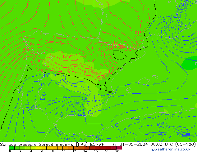 Surface pressure Spread ECMWF Fr 31.05.2024 00 UTC