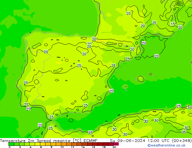 Temperatuurkaart Spread ECMWF zo 09.06.2024 12 UTC