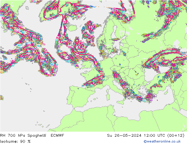 RH 700 hPa Spaghetti ECMWF So 26.05.2024 12 UTC