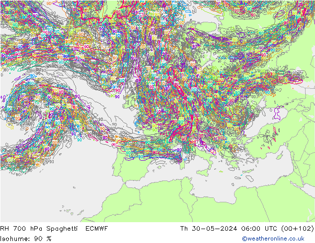 RH 700 hPa Spaghetti ECMWF Th 30.05.2024 06 UTC