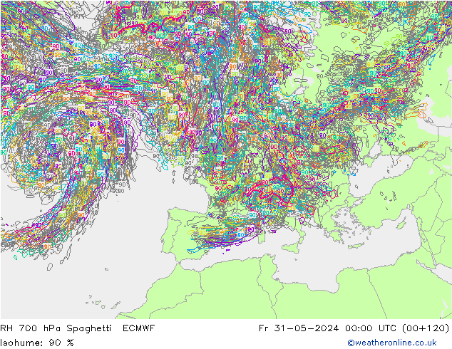 RH 700 hPa Spaghetti ECMWF Sex 31.05.2024 00 UTC