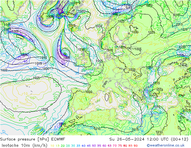 Isotachen (km/h) ECMWF zo 26.05.2024 12 UTC