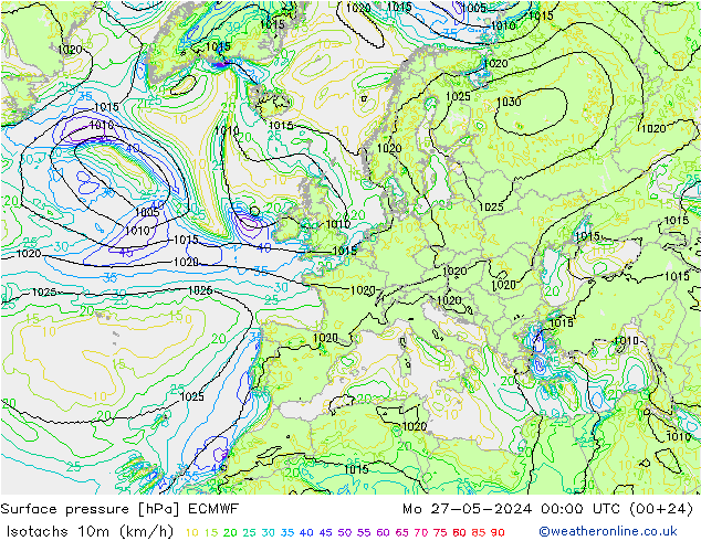 Isotachs (kph) ECMWF Seg 27.05.2024 00 UTC