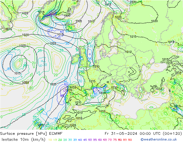 Isotachen (km/h) ECMWF Fr 31.05.2024 00 UTC