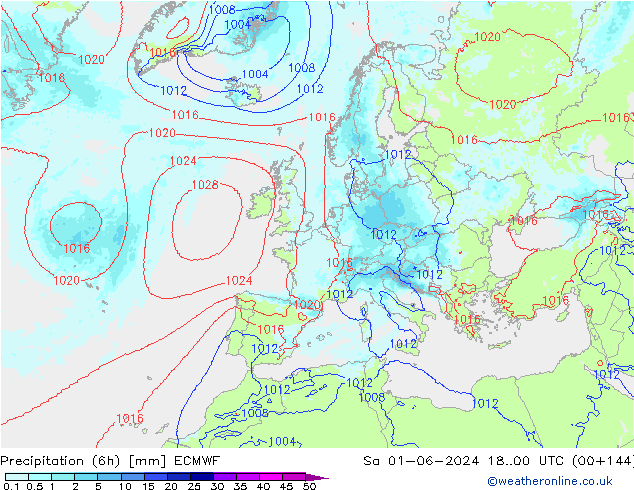 Precipitation (6h) ECMWF Sa 01.06.2024 00 UTC