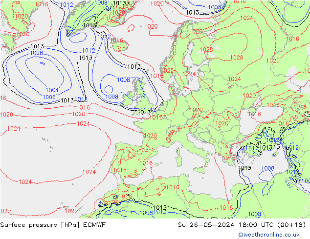 Pressione al suolo ECMWF dom 26.05.2024 18 UTC