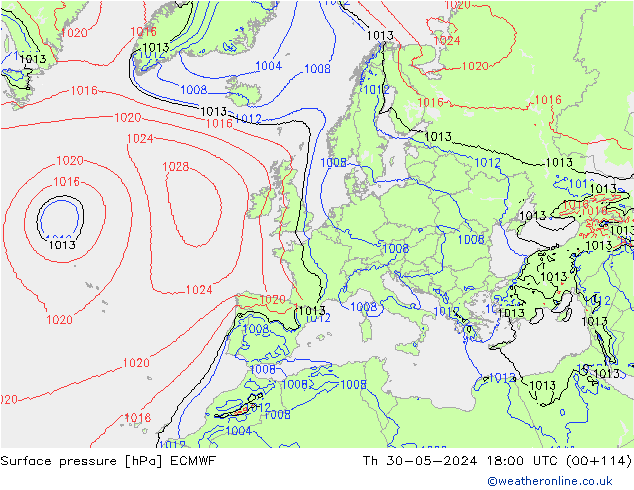 Presión superficial ECMWF jue 30.05.2024 18 UTC