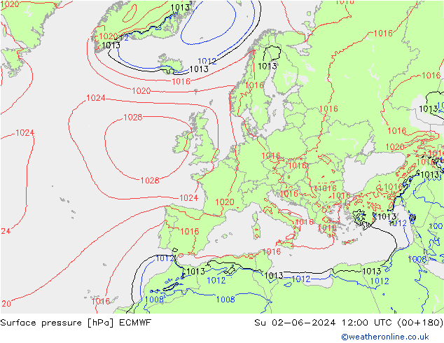 Atmosférický tlak ECMWF Ne 02.06.2024 12 UTC