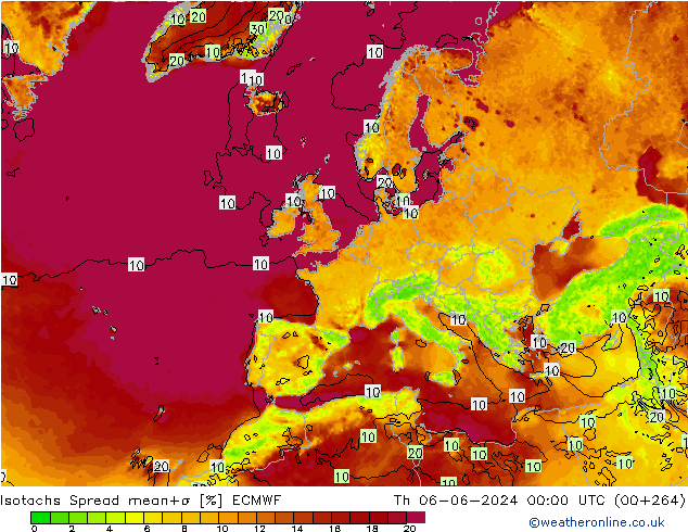 Isotachen Spread ECMWF Do 06.06.2024 00 UTC