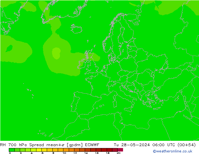 700 hPa Nispi Nem Spread ECMWF Sa 28.05.2024 06 UTC