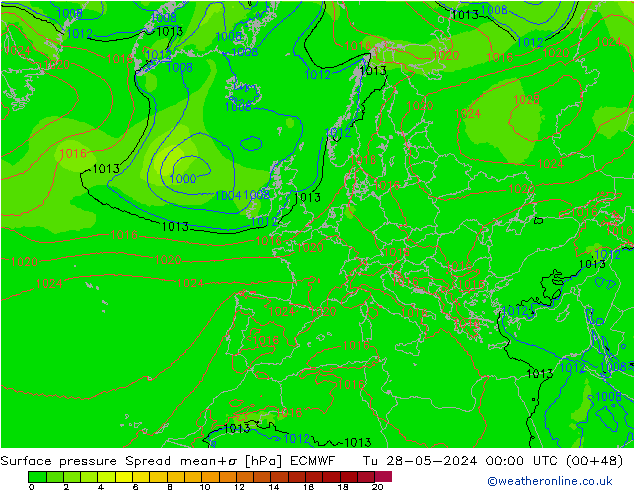 Surface pressure Spread ECMWF Tu 28.05.2024 00 UTC