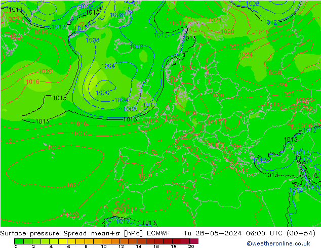 Pressione al suolo Spread ECMWF mar 28.05.2024 06 UTC