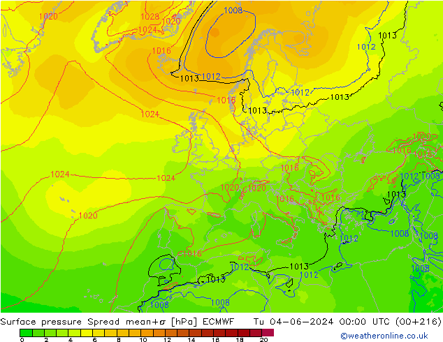 Pressione al suolo Spread ECMWF mar 04.06.2024 00 UTC