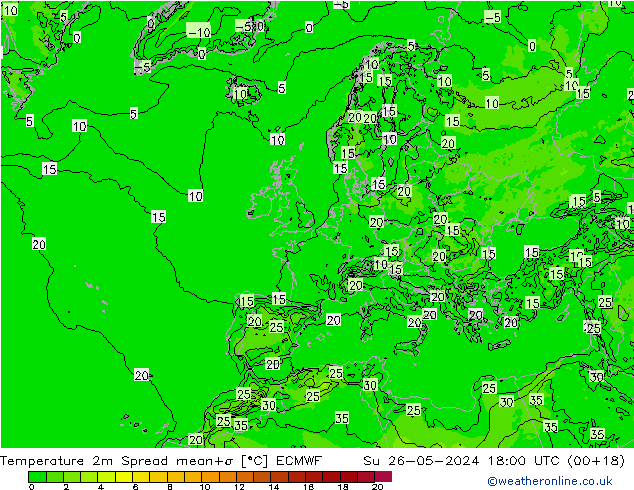 Temperatuurkaart Spread ECMWF zo 26.05.2024 18 UTC