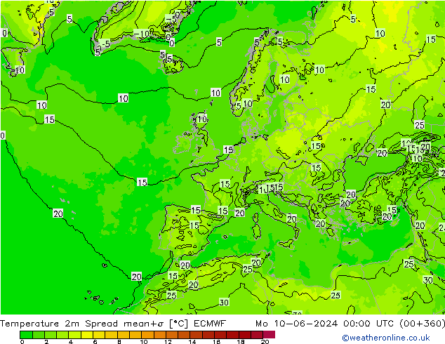 Temperature 2m Spread ECMWF Mo 10.06.2024 00 UTC