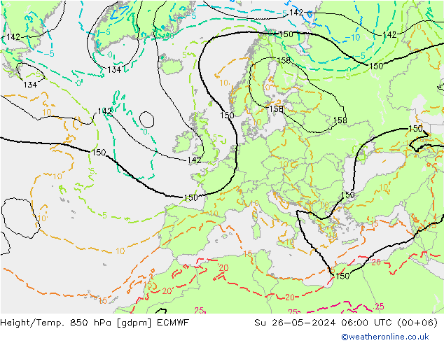 Geop./Temp. 850 hPa ECMWF dom 26.05.2024 06 UTC