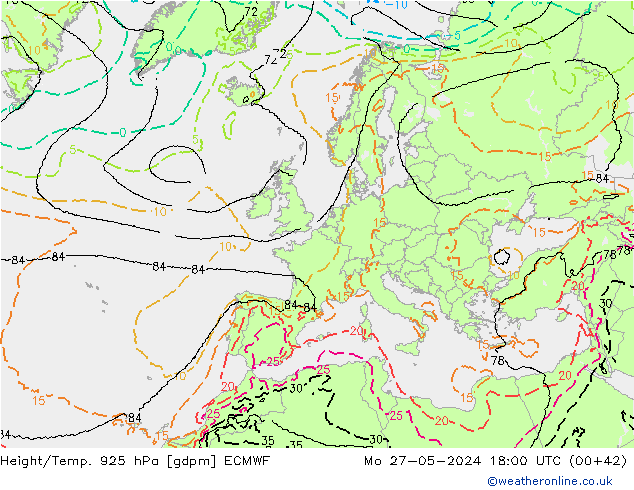 Height/Temp. 925 hPa ECMWF Mo 27.05.2024 18 UTC