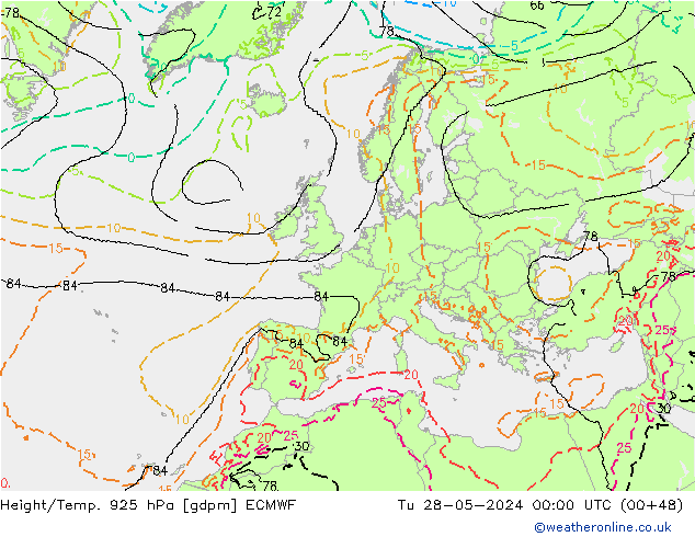 Yükseklik/Sıc. 925 hPa ECMWF Sa 28.05.2024 00 UTC