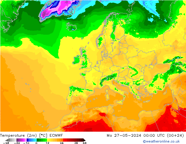 mapa temperatury (2m) ECMWF pon. 27.05.2024 00 UTC