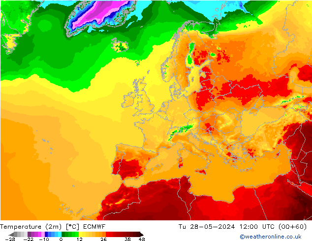 Temperatura (2m) ECMWF mar 28.05.2024 12 UTC